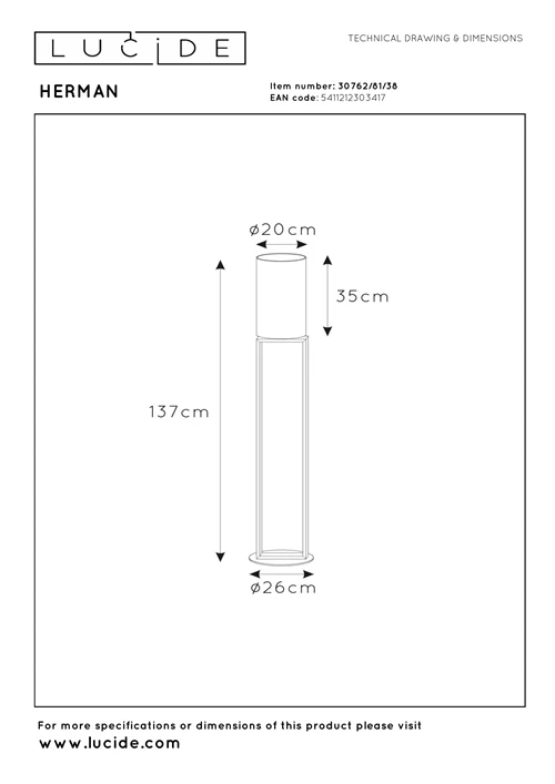 Lucide HERMAN - Lámpara de suelo - Ø 26 cm - 1xE27 - Beige - técnico
